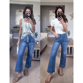 luvamia Wide Leg Jeans for Women Trendy High Waisted Flare Jeans Cropped Denim Pants Stretchy Baggy with Patch Pockets Womens High Waisted Jeans for Women Stretch Classic Blue Size 12 Size 14