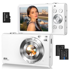 Digital Camera,Autofocus 4K Vlogging Camera for Photography with 32GB Card,48MP Portable Compact Point and Shoot Digital Camera for Teens Adult Beginner with 16X Zoom,Anti-Shake,2 Batteries(White)