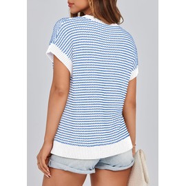 PRETTYGARDEN Womens Short Sleeve Sweater Spring Summer 2025 Round Neck Striped Pullover Cap Sleeve Knit Sweater Vest Tops(Blue,X-Large)