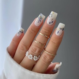 NewsinDee Press On Nails Elegant UV Coated White Blue Golden Flower Graphic False Nails, Reusable Soft Gel Stick On Fake Nails | Salon Quality | 12 Sizes - 24 Nail Kit for Valentine’s Day Gift