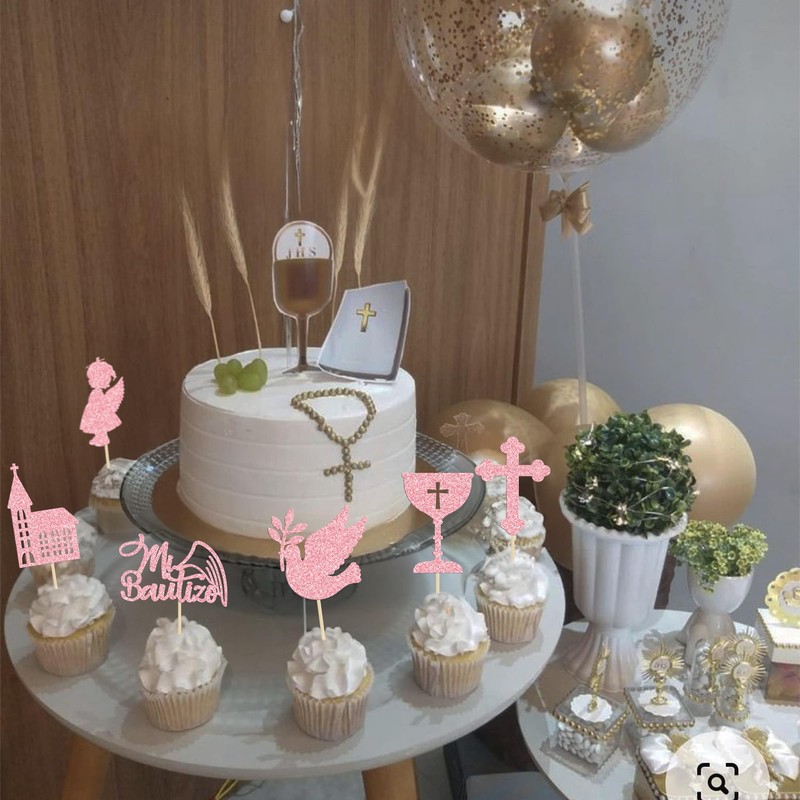 Gyufise 24 Pack Spanish Mi Bautizo Cupcake Toppers Glitter Cross
