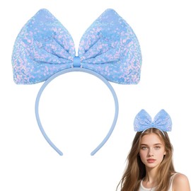 Blue Sequin Bow Headband Halloween Hair Bands for Women Girls Large Big Bow Head Band Sparkly Glitter Bow Headband Blue Halloween Costumes Accessories for Kids Adults Women Big Bowknot Hairband Xmas