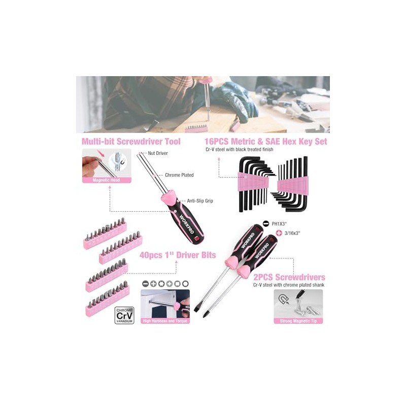 WORKPRO 284PCS Pink Tool Set, Portable Home Basic Tool Kit