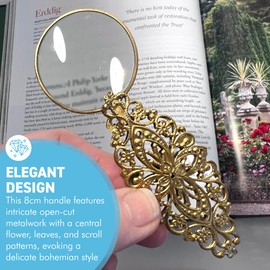 Gold Magnifying Glass with oval floral and leaf pattern, Handy Magnifier for reading, crafts, compact & practical