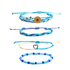 COLORFUL BLING 4-piece Summer Surf Anklet Bracelet Adjustable Chain Braided Rope Bracelet Sunflower Heart Beads Friendship Bracelet Beach Surf Jewelry Woman-A blue