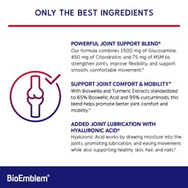 BioEmblem Joint Support - Glucosamine Chondroitin + MSM 1500 MG - with Boswellia, Turmeric & Hyaluronic Acid - Joint Health Supplement, Mobility, Flexibility, Cartilage - Non-GMO - 90 Caps