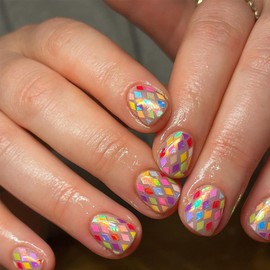 French Tip Press on Nails - Rainbow Square Pattern Fake Nails - 24 Pcs False Nails Glossy Fake Nails Full Cover Short Nails Art for Women and Girls Daily Decoration