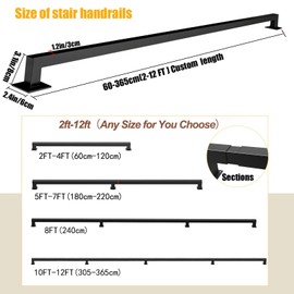 7FT Wall Handrail for Stairs Steps, Metal Staircase Handrail,Black Galvanized Industrial Iron Hand Rail for Indoor & Outdoor Wall Mount Support,Iron Banister Rail, Safety Grab Handle
