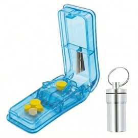 Portabs Set Cortador de Pastillas con Divisor Preciso + Llavero Pastillero de Aluminio Portátil | Para Vitaminas, Tabletas y Medicamentos Diarios (Azu