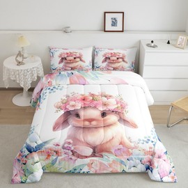 Feelyou Cute Rabbit Comforter Set Twin Size Kids Cartoon Bunny Animal Comforter for Boys Girls Teens Flower Floral Print Bedding Set Farm Zoo Garden Theme Duvet Set Room Decor