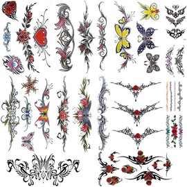 Yesallwas 12 Sheets Belly Temporary Tattoo for Women, Chest Tattoos Stickers Temporary Waist Cover Scar Female Tattoo Abdomen Waist Back Fake Tattoos