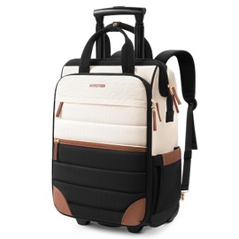 Rolling Puffer Backpack for Women, Travel Backpack with Wheels, 16 Inch Wheeled Laptop Backpck, Dual-Opening Design Overnight College Underseat Carry on Luggage, Roller Business Work Bag, Beige Brown