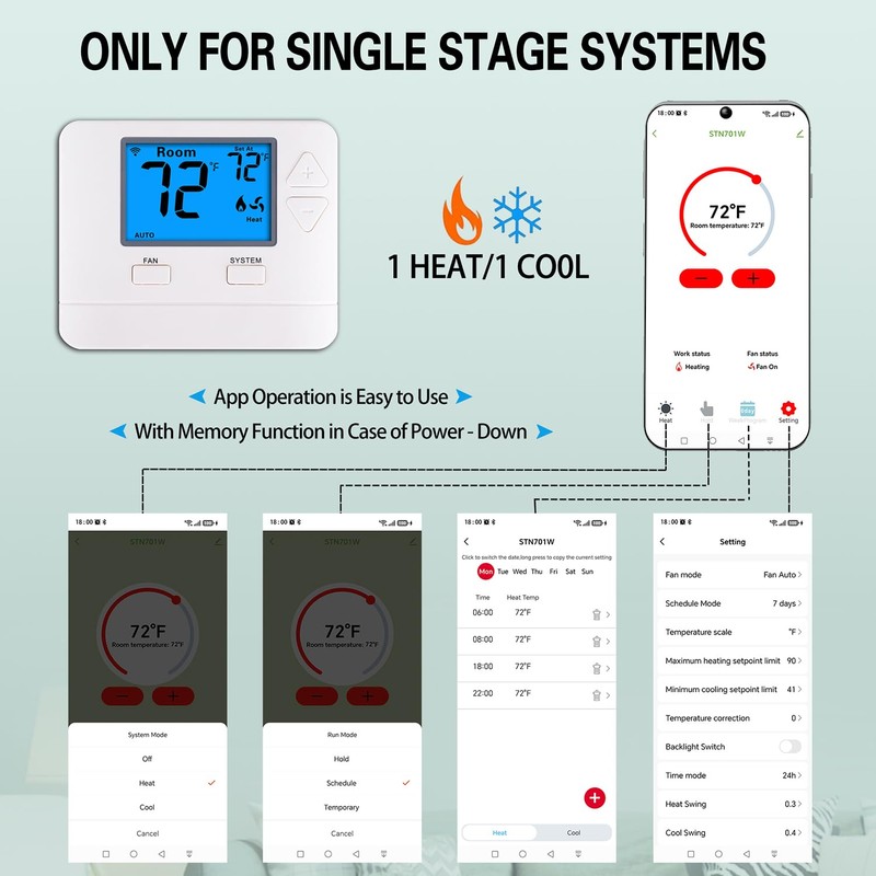 WiFi Thermostats for Home Smart Thermostat Single-Stage 1Heat/ 1Cool, APP