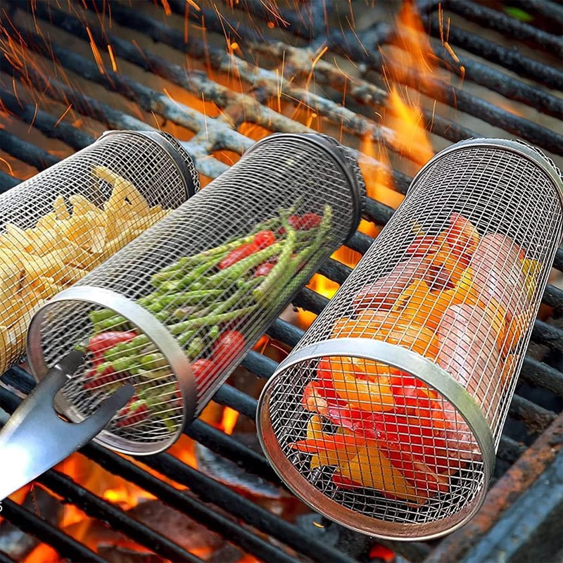 DragonX2 2 Rolling BBQ Baskets with Removable Wooden Handles, Nested
