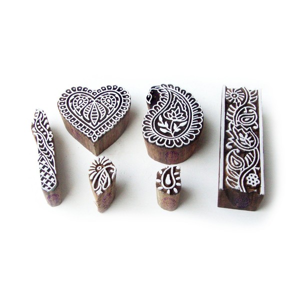 Heart and Paisley Artistic Pattern Wood Block Print Stamps (Set