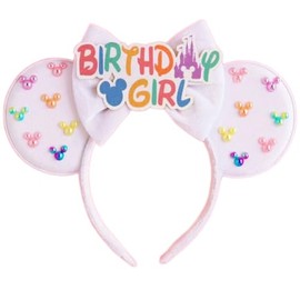 Roffiy Birthday Mouse Ears Headband with Glitter Colorful Pearl & Bow,Velvet Material,Cute Princess Birthday Costume Party Hair Accessories
