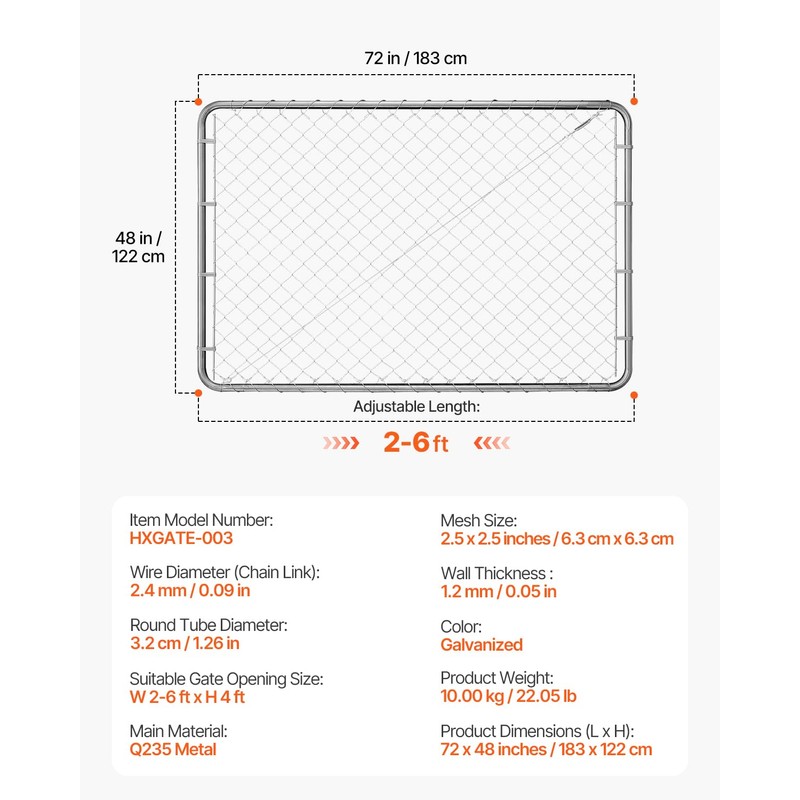 VEVOR Chain Link Fence Gate, 72 x 48 in, Adjustable