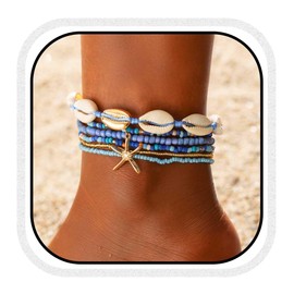 Fashband Shell Anklet Set, Boho Starfish Anklet Bracelets, Adjustable Beach Layered Foot Jewelry Accessories for Women, Shiny Chains