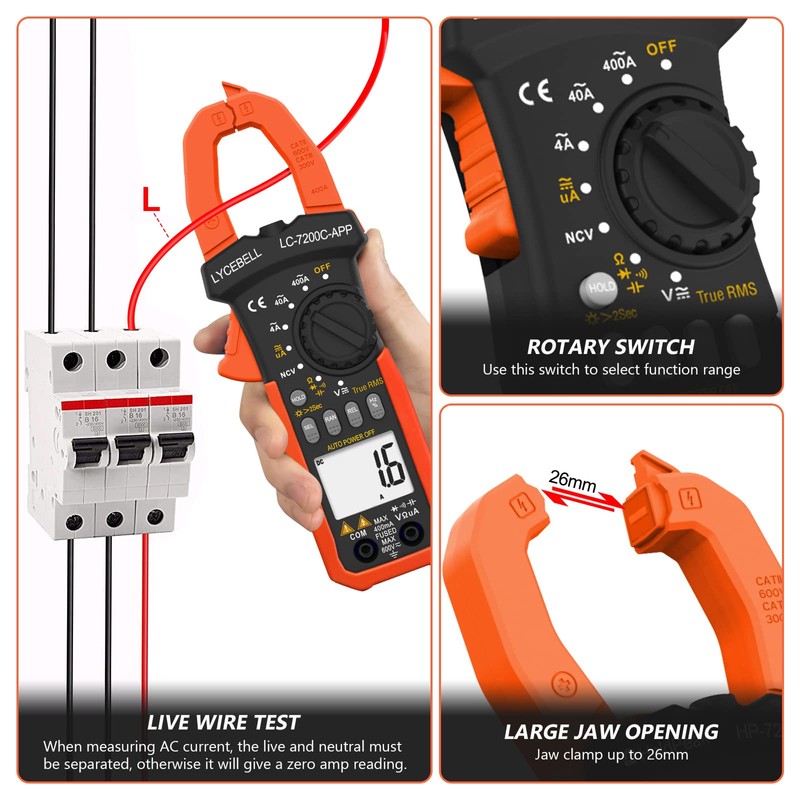 LYCEBELL Digital Clamp Meter, LC-7200C-APP True RMS Auto Range Professional