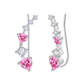 KINGWHYTE Heart Climber Earrings for Women 925 Sterling Silver Birthstone Earrings Crystal Earrings Birthstone Jewellery Birthday Gifts, Sterling Silver, Tourmaline