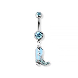 Pierced Owl 14GA 316L Stainless Steel CZ Crystal Paved Cowboy Boot Belly Button Ring, Stainless Steel, Cubic Zirconia, cubic zirconia