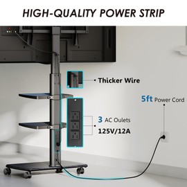 FITUEYES Rolling TV Stand with Power Outlets, Swivel Portable TV Stand for 32-70 Inch LCD LED OLED Flat/Curved Panel Screen TVs, Height Adjustable&Wood Base, Mobile TV Cart with2 Shelf, Black.