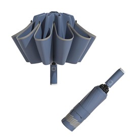 LCY Automatic Inverted Compact Folding Anti-UV Parasol Umbrella Large Windproof Umbrella with Reflective Stripe-Dark Blue