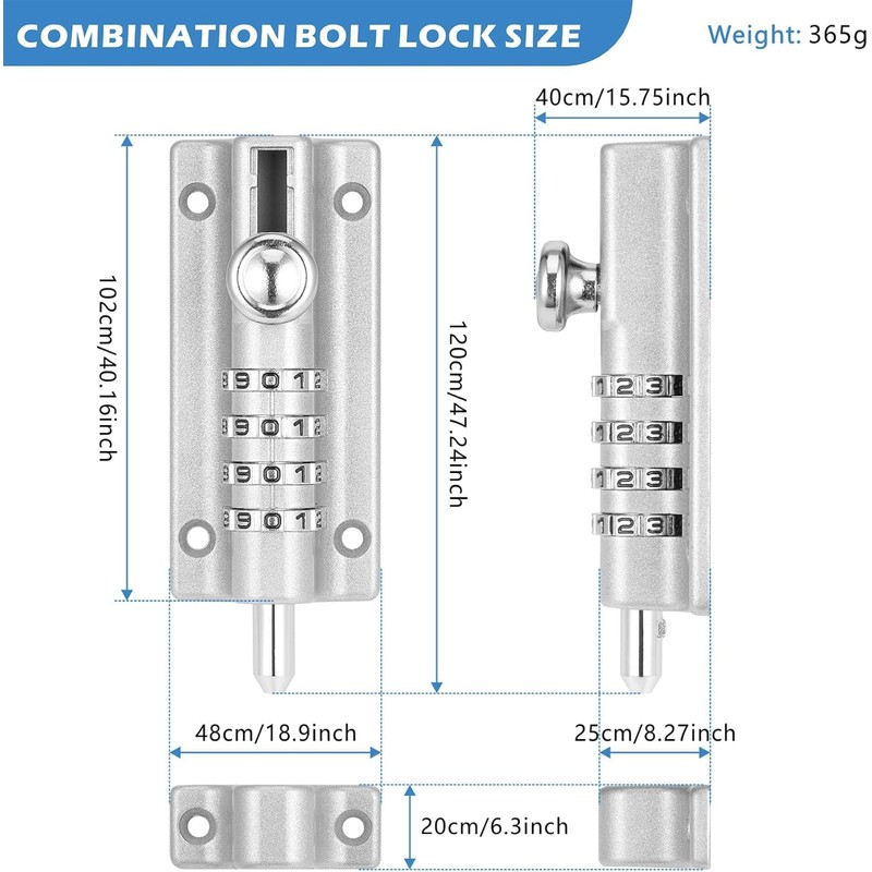 2Pcs Combination Locking Bolt, Heavy Duty Gate Bolt with Screws,