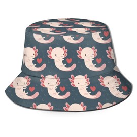 Mermaid Tail Scales Fish Scale Pattern Bucket Hat Packable Fishing Sun Cap Summer Fisherman Hats for Women Men Children, Axolotls Hearts and Bubbles (2) Fisherman's Hat, 5