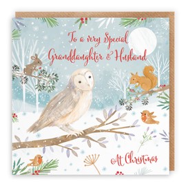 Hunts England - Granddaughter And Husband Cute Owl Christmas Card - Nature's Treasures - Happy Animal Wildlife Merry Xmas Card - Robin, Mouse, Squirrel - From Grandad, Grandma, Grandparents