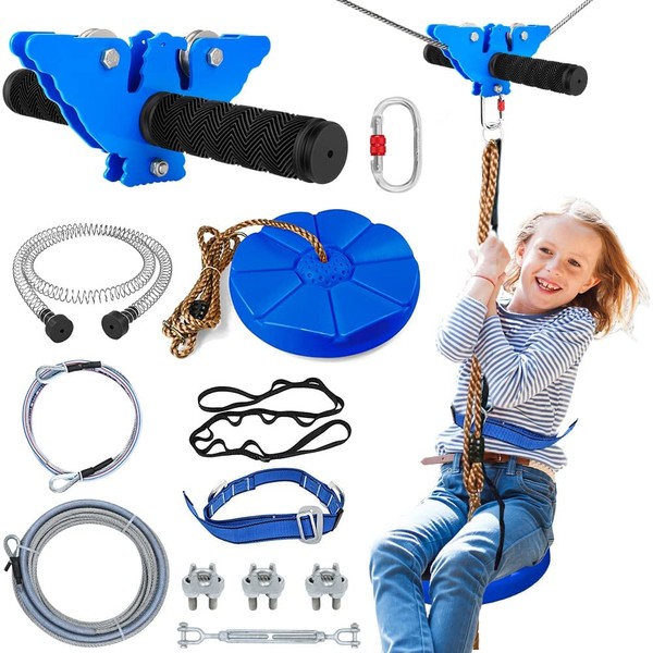 X XBEN 120FT Zip line Kit for Kids and Adults, Zip Lines for Backyard, Included Swing Seat, Spring Brake, Steel Trolley and Adjustable Safety Belt, Outdoor Play Sets Equipment