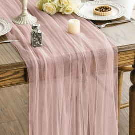 Artoid Mode Dusty Rose Gauze Table Runner 120 Inch 10FT, Seasonal Sheer Chiffon Cheesecloth Kitchen Dining Holiday Birthday Table Decor for Home Party