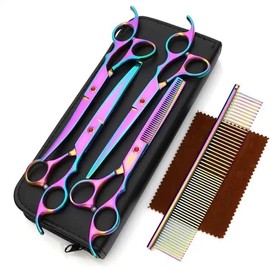 5 in 1 Dog Grooming Scissors Kit, Professional Dog Grooming Scissors with Safety Round Tip, Titanium Coated Grooming Scissors Kit for Dogs Cats and Pets at Home