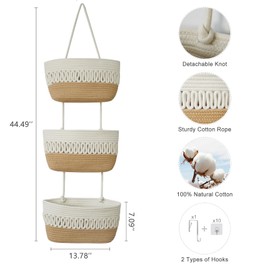 danpinera Over the Door Hanging Baskets for Organizing, 3-Tier Hanging Wall Basket for Storage, Woven Cotton Rope Baskets Storage Decorative for Nursery, Bedroom, Living Room, Kitchen, White & Jute