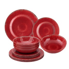 Gourmet Art 12-Piece Crackle Heavyweight and Durable Melamine Dinnerware Set, Red, Service for 4. Includes Dinner Plates, Salad Plates and Bowls. for Indoors Outdoors Use and Everyday Use.