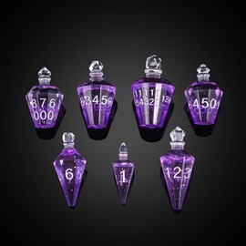 Cusdie 7-Die Sharp Edges DND Dice Set, Potion Shaped D&D Dice, Handcrafted Polyhedral Dice Set, Potion Dice for TTRPG Role Playing Game Pathfinder(Purple w/Silver Numbers)