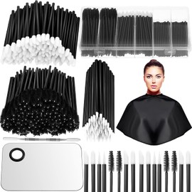 Kit de herramientas de maquillaje desechables, 260 piezas, brochas de delineador de ojos, varitas de rímel, aplicadores de lápiz labial, caja organizadora de plástico, capa corta, impermeable, paleta de maquillaje de acero inoxidable, espátula (negro)