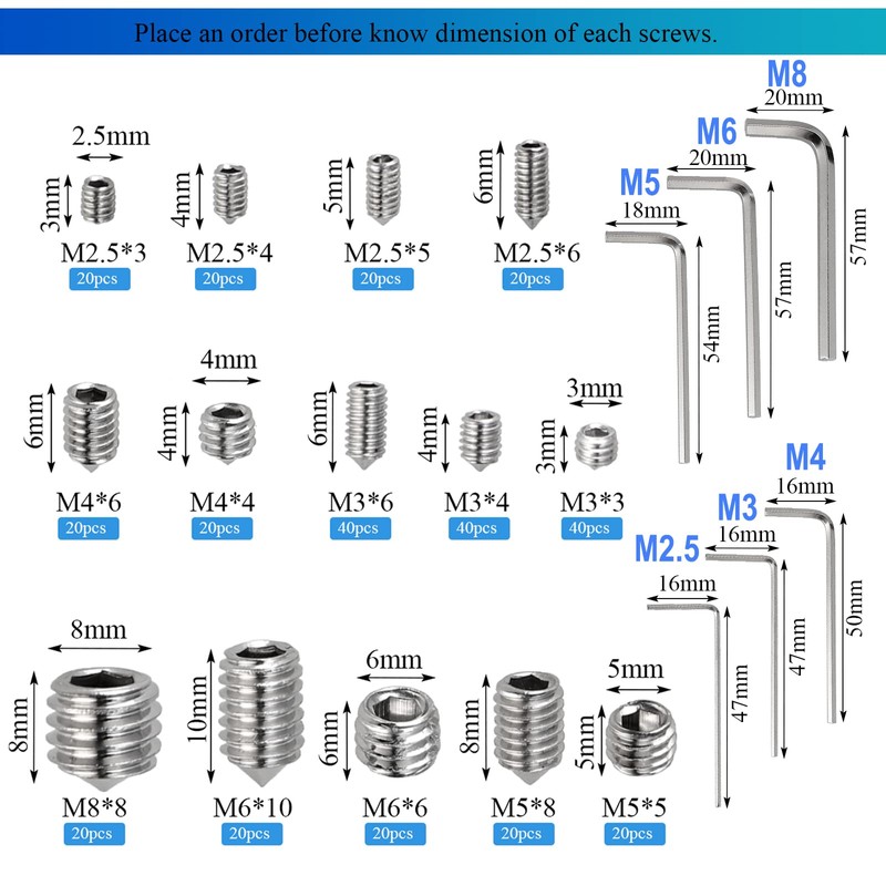 HanTof 340Pcs Metric M2.5/M3/M4/M5/M6/M8 304 Stainless Steel Allen Head Hex