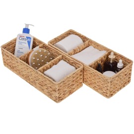 StorageWorks 3-Section Wicker Baskets for Shelves, Hand-Woven Water Hyacinth Storage Baskets, 14 ¼"L x 6 ¼"W x 4 ¼"H, 2-Pack