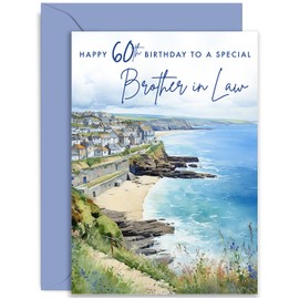 Old English Co. Artistic 60th Birthday Card for Brother in Law - Watercolour Seaside Town Birthday Card for Special Brother in Law - Traditional Birthday Card for Him | Blank Inside with Envelope