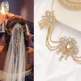 JWICOS Wedding Prom Head Chain with Comb for Brides Layered Crystal Rhinestone Hair Accessories Headpiece for Women and Girls (Gold)