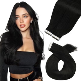 Moresoo Tape in Extensions Real Human Hair Invisible Black Hair Extensions Tape in Real Hair Natural Black Glue in Human Hair Extensions #1B 40Pcs 100g 24 Inch