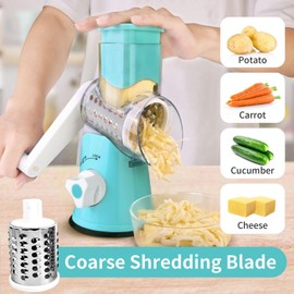 Cudebo Rotary Cheese Grater, Cheese Grater Hand Crank with 3 Interchangeable Blades, Manual Cheese Shredder with Strong Suction Base, Easy to Use and Clean, Blue