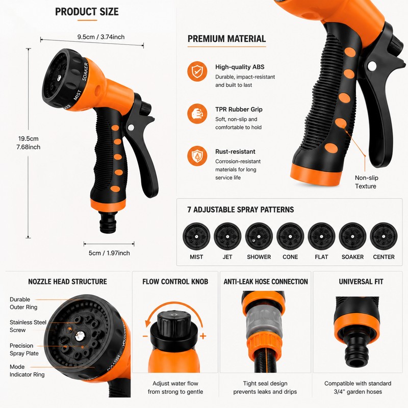 7-in-1 Garden Hose Spray Nozzle for Yard & Car Cleaning