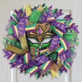 Hotop 15.7 Inch Mardi Gras Wreath for Front Door Carnival Door Wreath Mardi Gras Door Decoration Wreath Carnival Hanging Wreath for Holiday Farmhouse Indoor Outdoor Window Wall Door Home Decor