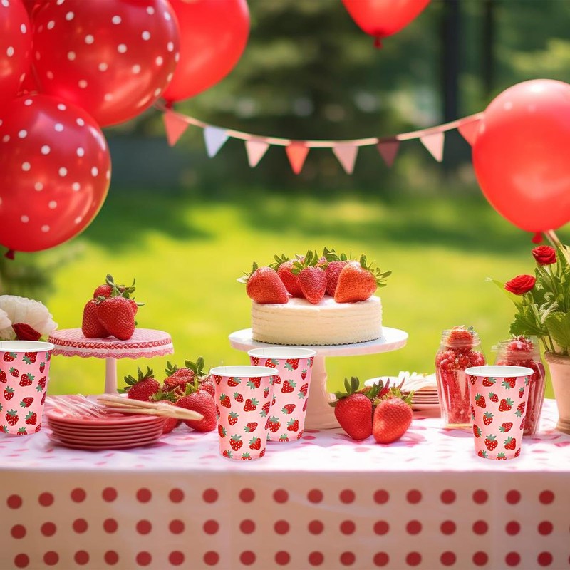 AnyDesign 50 Sets Strawberry Paper Cups with Paper Straws Plastic
