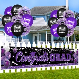 Graduation Party Decorations Purple Black Graduation Banner Balloons Set Congrats Grad Yard Banner with 18pcs Balloons for Class of 2024 Party Sign Decor College High School Party Supplies Outdoor