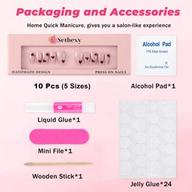 Sethexy Valentines Day Handmade Press On Nails Medium Coffin Pink Cat Eye False Nails Red Heart Design Acrylic Glossy Fake Nails for Women and Girls 10PCS