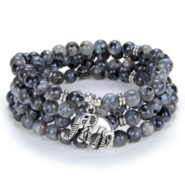 108 Mala Quartz Beads Tiny Elephant Lucky Charm Wrap Bracelet Necklace Self Discovery Yoga Inspirational Jewellery (Grey Labradorite)