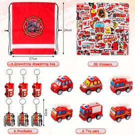 JWTRSVTY 68 Pieces Fire Engine Party Bags, Fire Brigade Children's Birthday Party Gifts, Fireman Theme Party Gifts with Key Ring, Party Drawstring Bag, Sticker, Toy Car